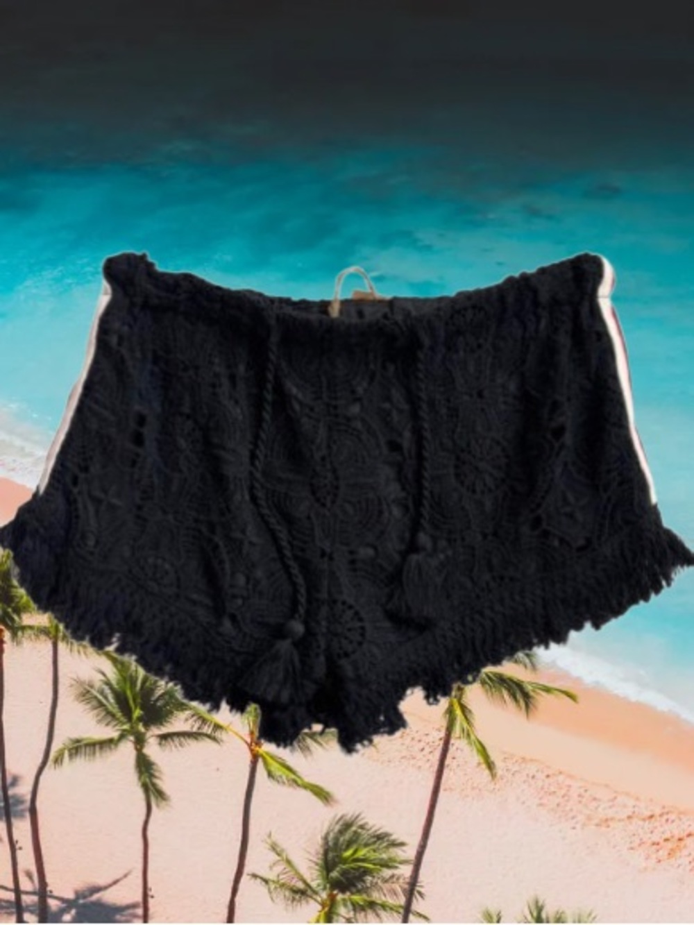 Surf Gypsy Black Crochet Fringe Shorts with Red and White Side Stripe Size M